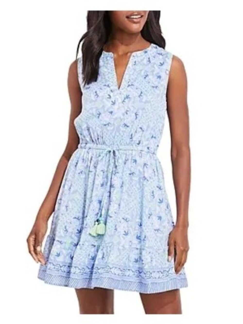 Vineyard Vines Blue Floral Sleeveless Tie-Waist Mini Dress Size L Cotton Blend
